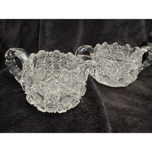 Antique American Brilliant Period Cut Glass Creamer and Sugar Set Starburst